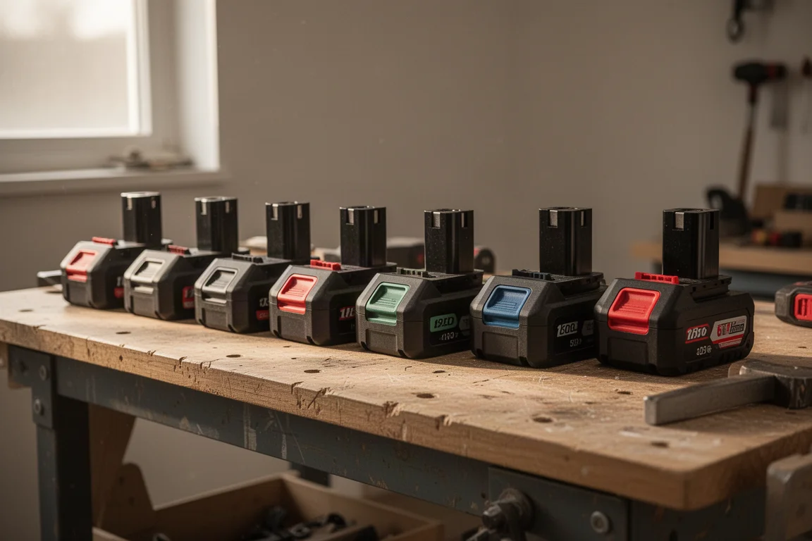Banco con batterie assortite di utensili a batteria allineate per la ricarica