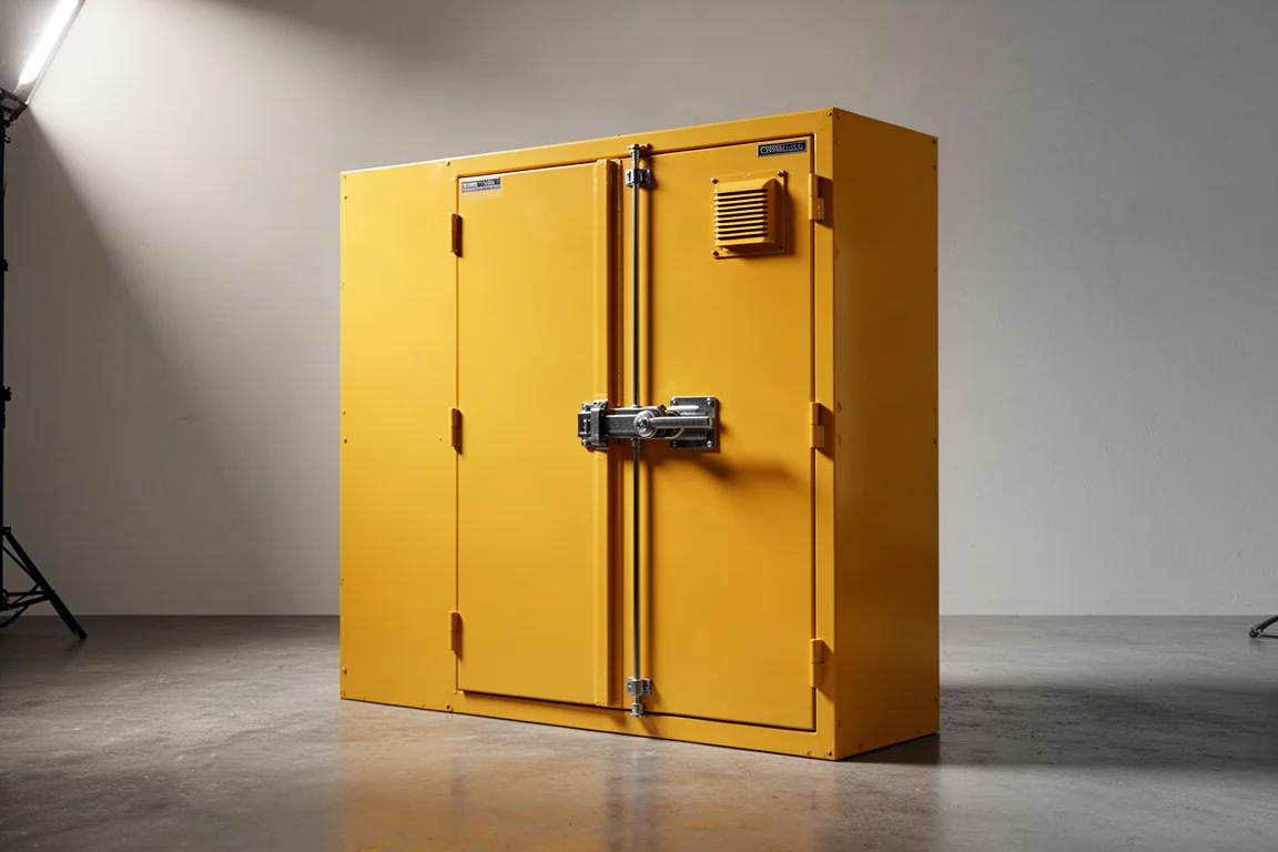 Armadietto giallo per usi gravosi per la ricarica di batterie al litio con porte stile caveau chiuse