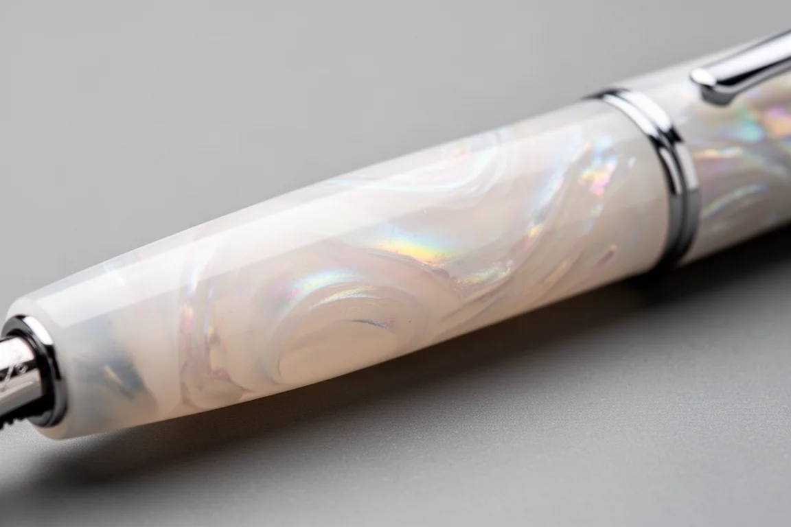 Close-up of a pearlescent white resin fountain pen barrel showing pink and blue swirls