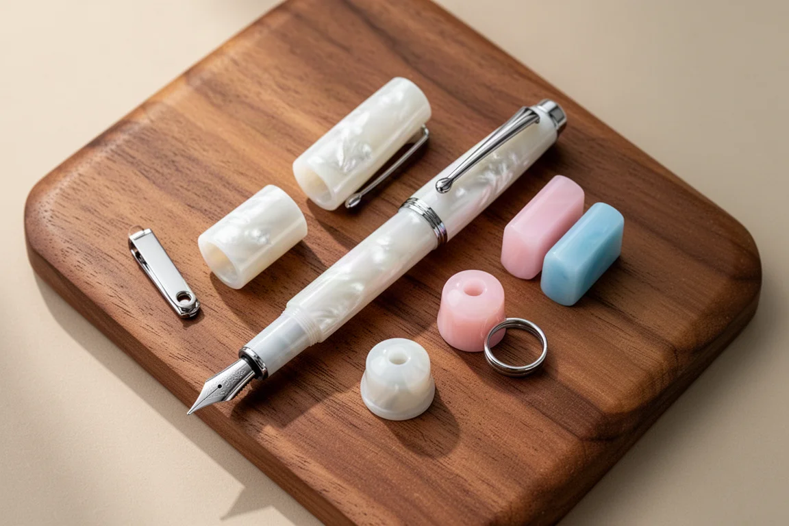 A fountain pen cap and barrel with interchangeable pink and blue resin finials laid side by side