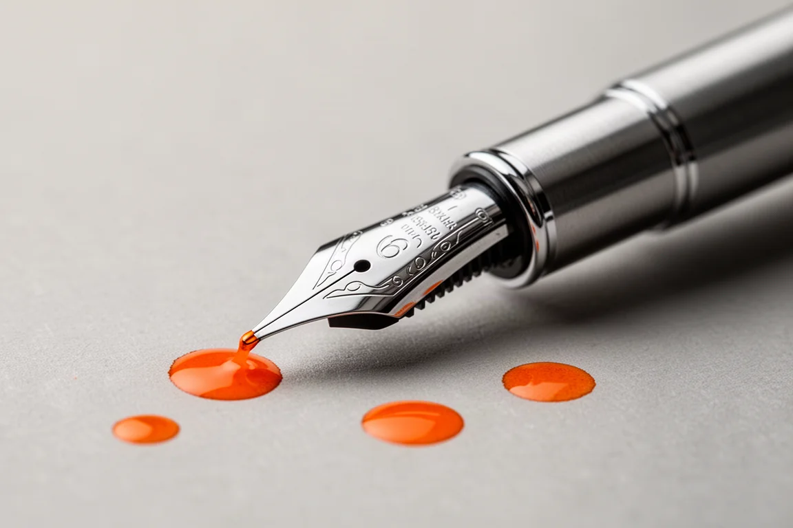 A stainless steel fountain pen nib and plastic feed resting on a grey writing desk