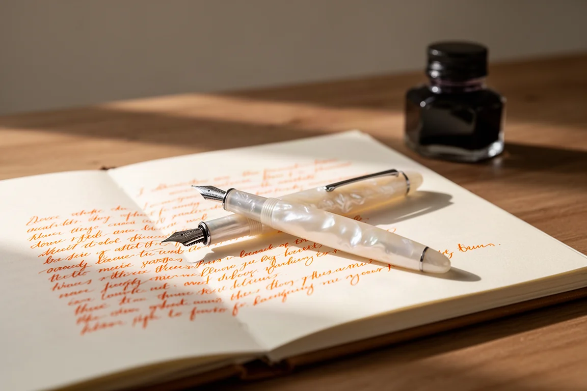 A fountain pen resting on a written page with orange ink handwriting