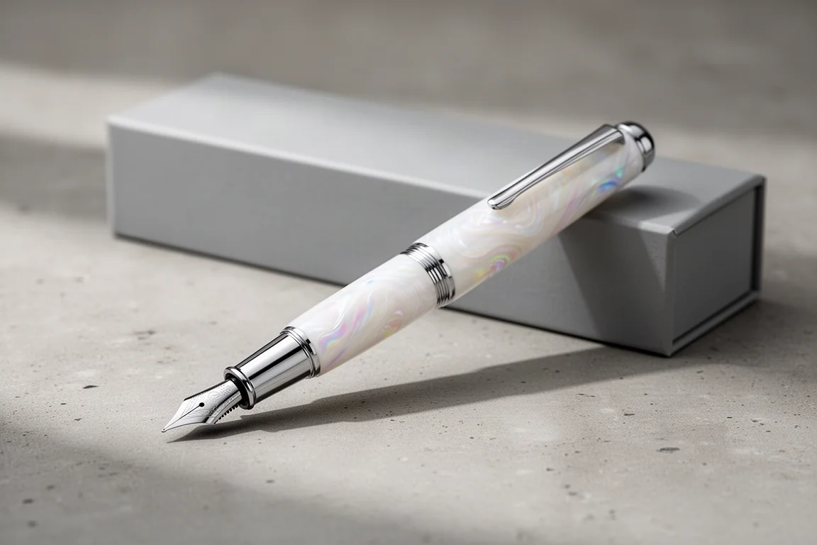 Pearlescent white resin fountain pen with silver trim on a concrete surface