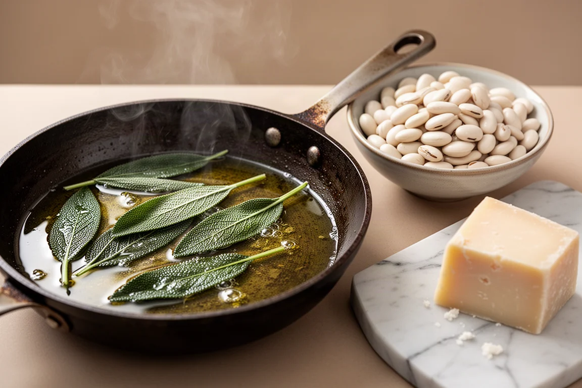 Sizzling sage leaves in a skillet with white beans beside a bowl of ricotta salata