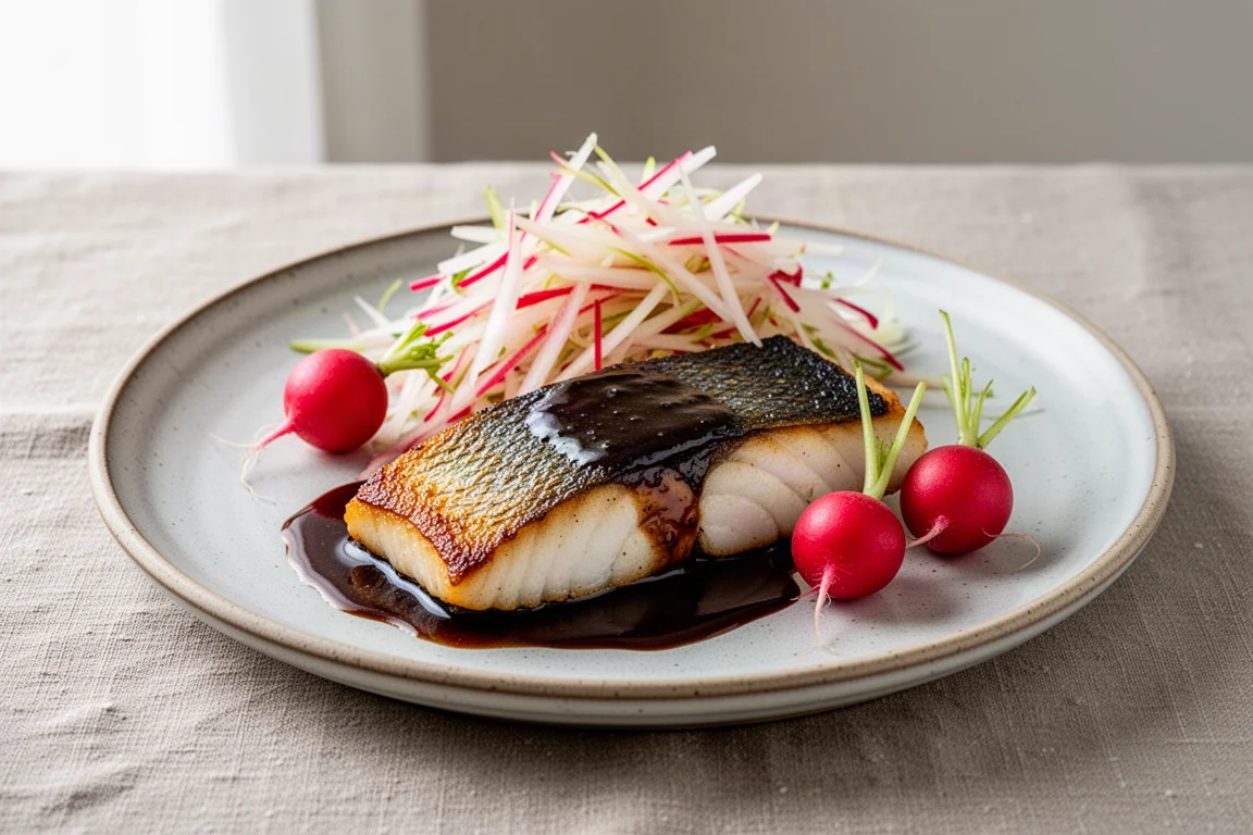 Pan-seared fish fillet with glaze, pickled ginger slaw and small radishes on a plate
