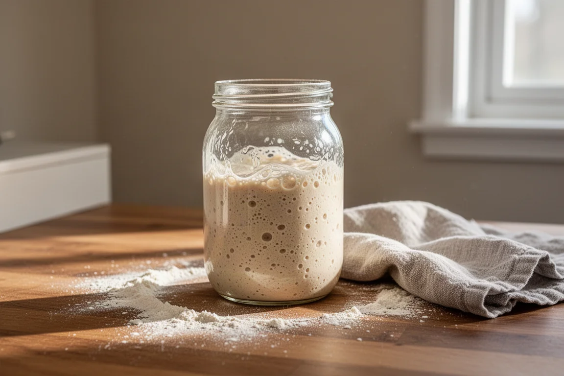 Sourdough starter bubbling in a glass jar on a kitchen counter