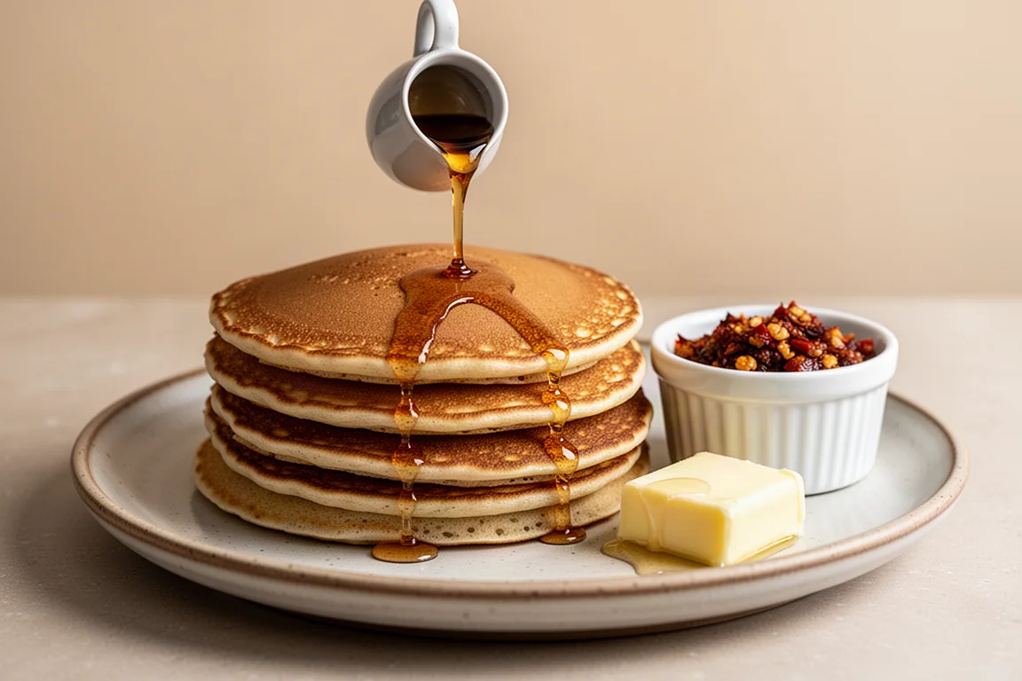 Stack of thin golden pancakes with syrup and a small bowl of chili crisp on a griddle-side table