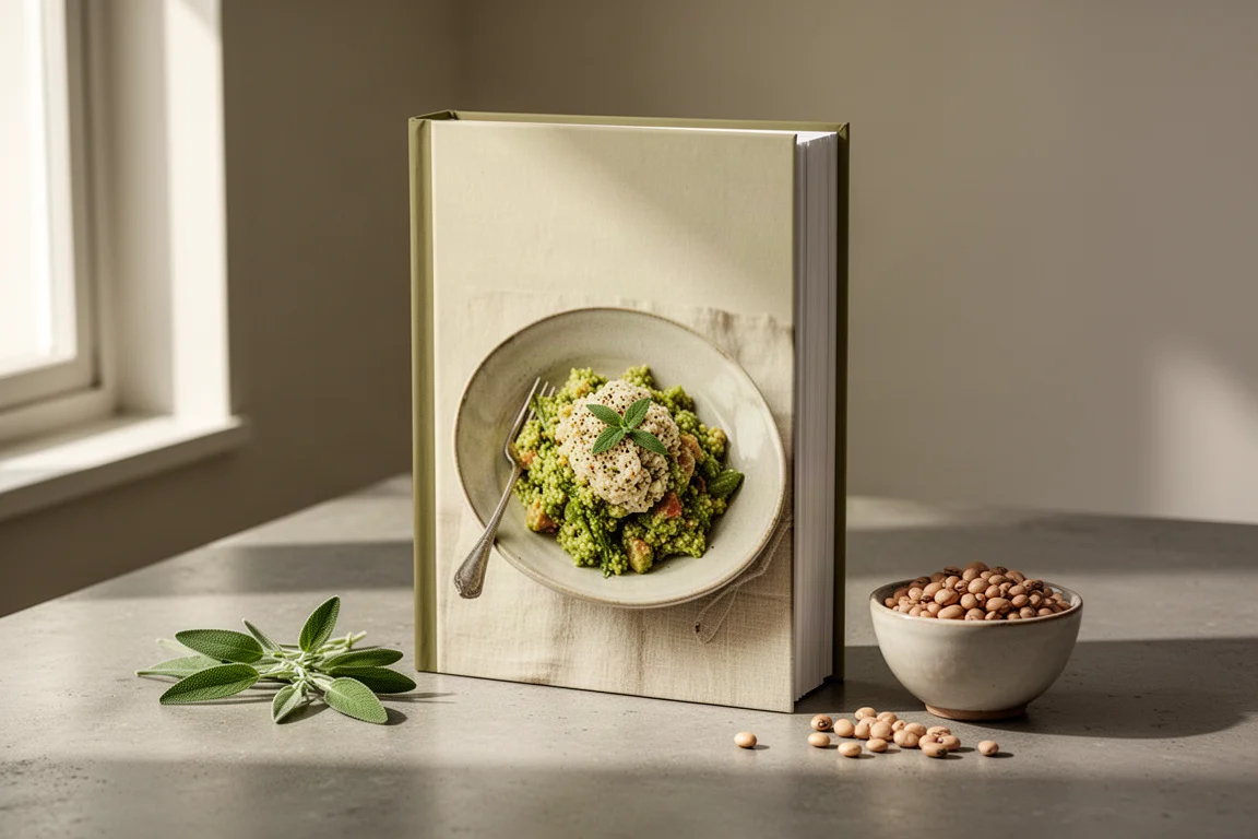 Hardcover cookbook standing on a concrete counter with sage leaves and a bowl of beans