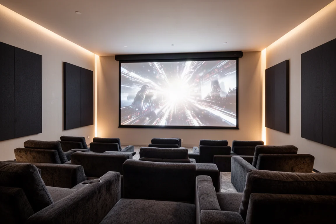 Verduisterde home-theaterruimte met tribunezitplaatsen en een groot oplichtend projectiescherm