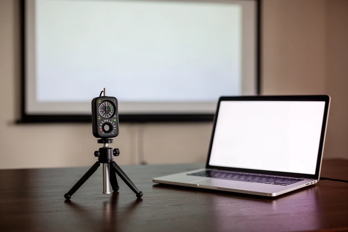 Optische meter op statief en laptop voor een projectiescherm tijdens kalibratie