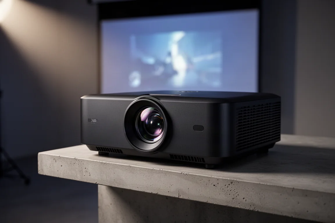 Matte black home theater projector with a large central glass lens in a dimly lit room