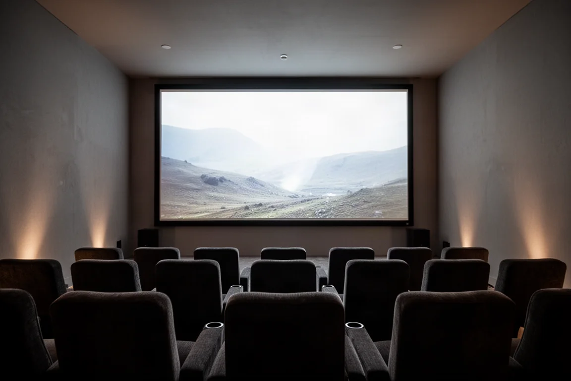 Sala de cine en casa en penumbra con una gran pantalla de proyección iluminada y filas de asientos oscuros