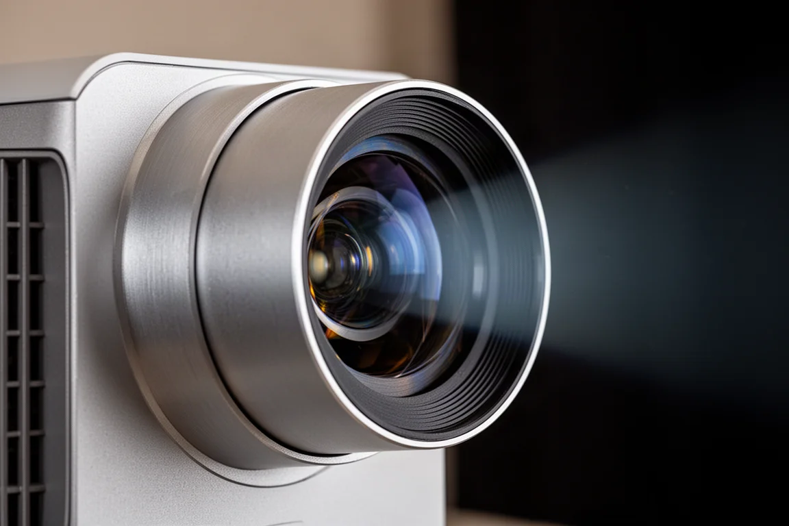 Primer plano de una gran lente de proyector con cristal multielemento y un tenue haz azul