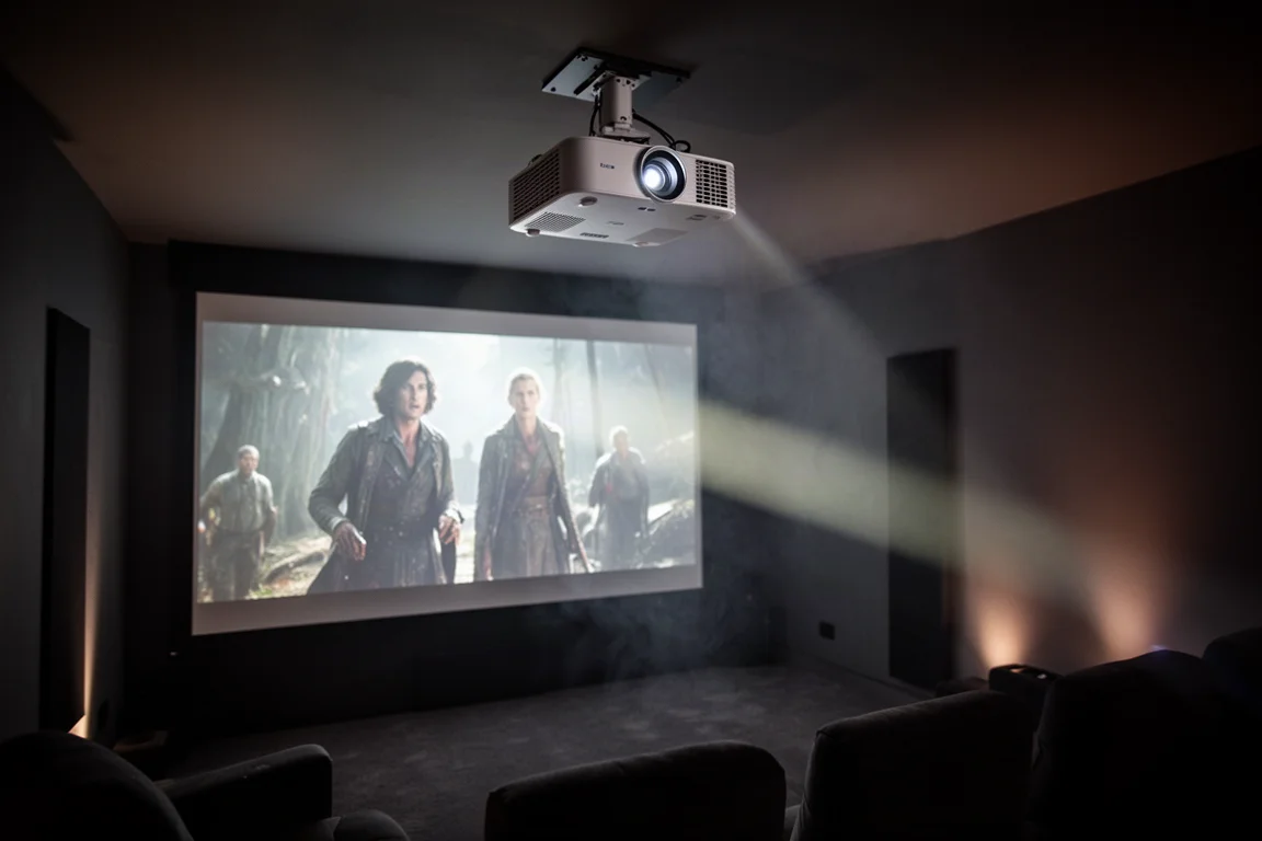 Proyector montado en el techo proyectando un haz a través de una sala de cine en casa oscura