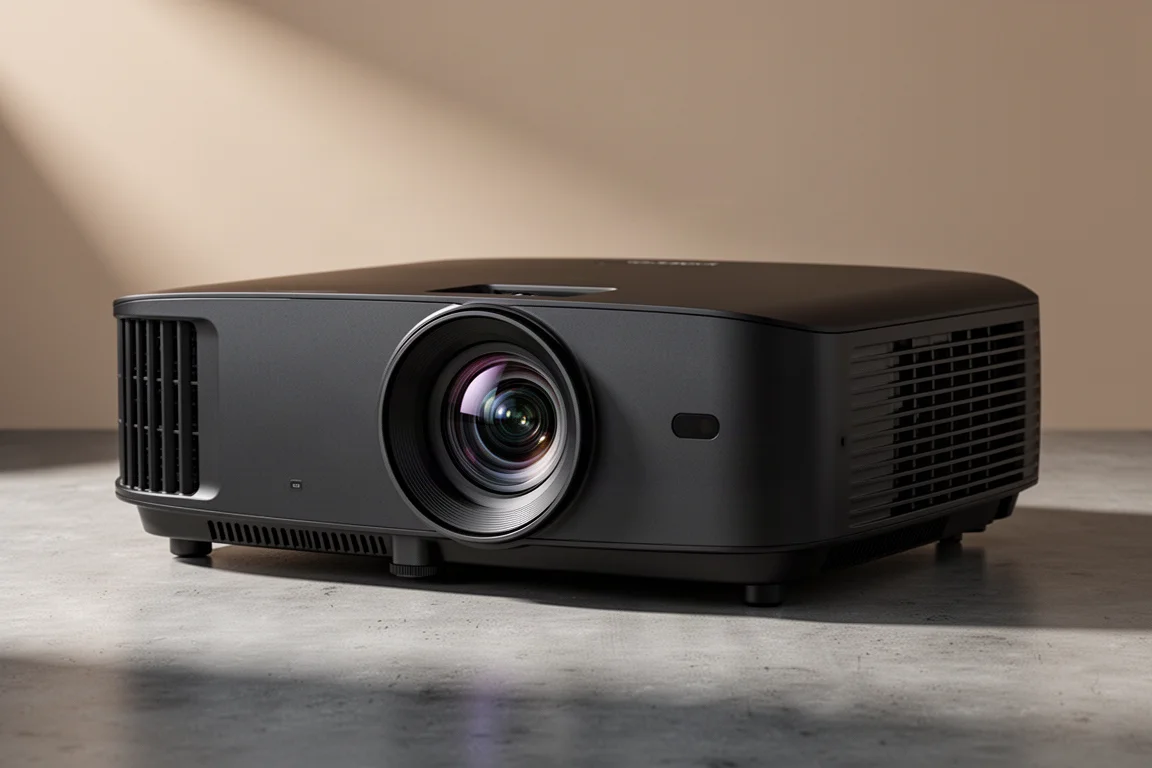Large matte black home theater projector with a wide glass lens on a concrete surface