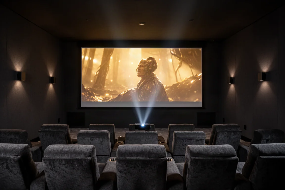 Sala de cine en casa oscura con una gran pantalla de proyección y butacas reclinables grises vacías
