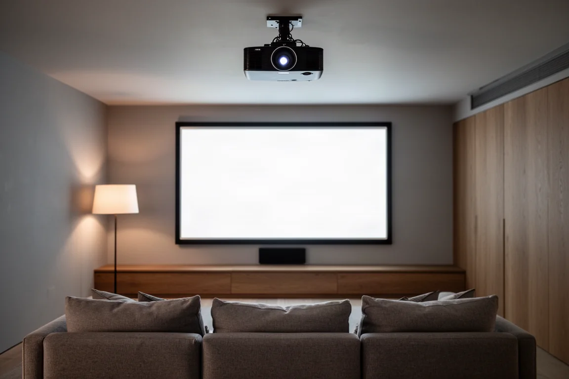 Proyector montado en el techo y pantalla luminosa en una sala multimedia neutra