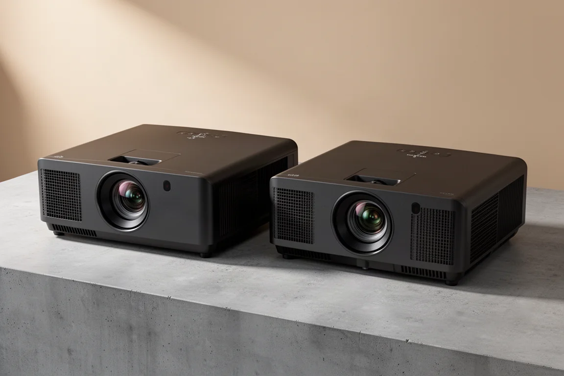 Two matte black 4K home theater projectors side by side on a concrete surface