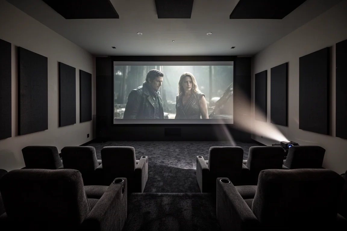 Sala home theater in penombra vista dalle file di sedute verso un grande schermo di proiezione