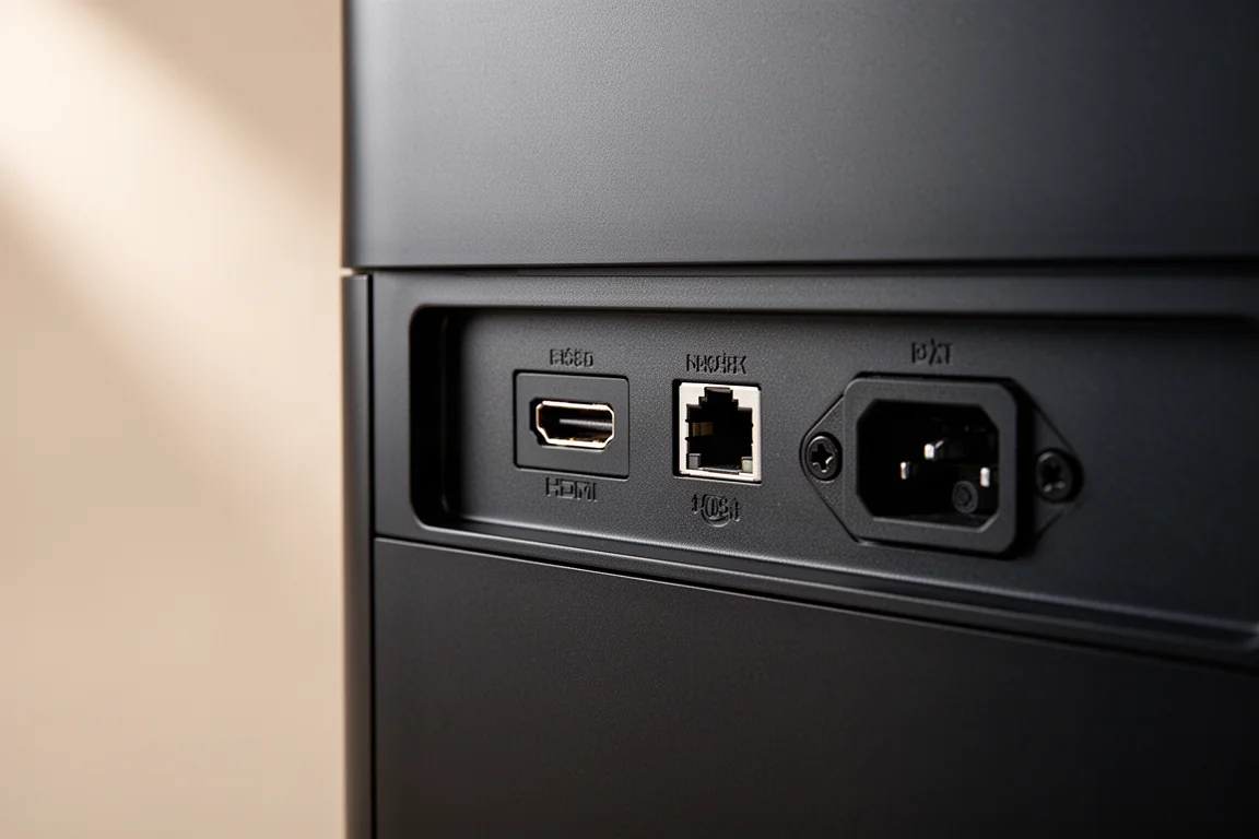 Pannello posteriore dei collegamenti di un proiettore home theater scuro con due porte HDMI