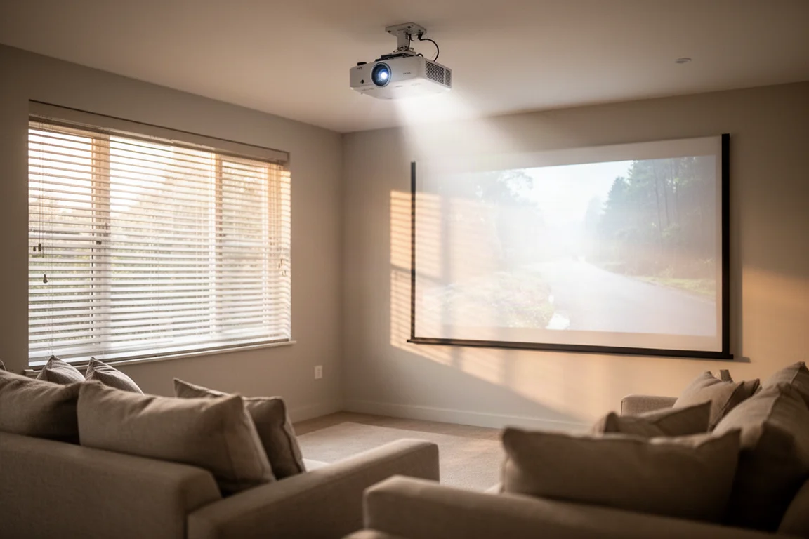 Sala multimediale con luce diurna soffusa e proiettore a soffitto che proietta un'immagine su uno schermo