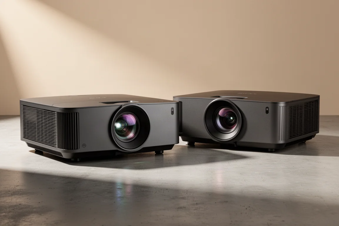 Two large dark home theater projectors side by side on a matte concrete surface