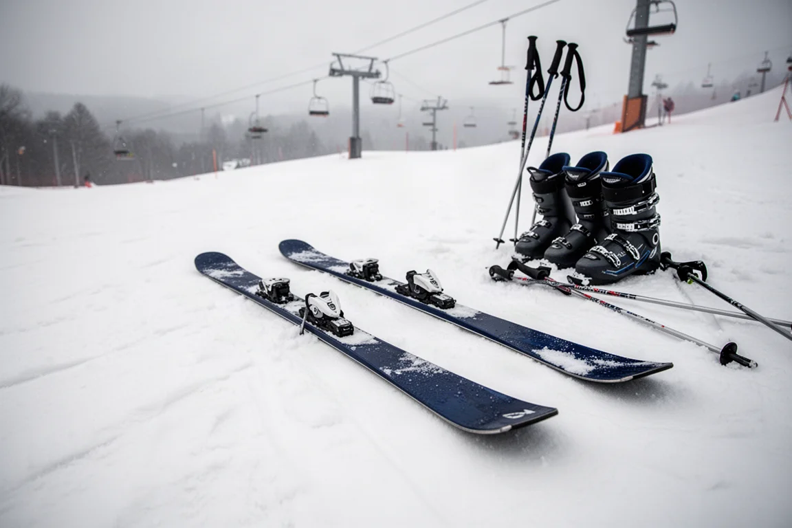 窄身前側滑雪板平放在壓實雪地上,旁邊是纜車排隊通道、雪靴及雪杖