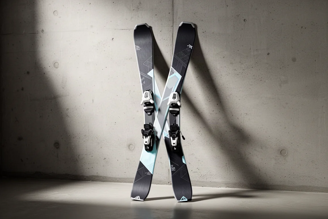 Two narrow frontside alpine skis with dark topsheets standing crossed against a concrete wall