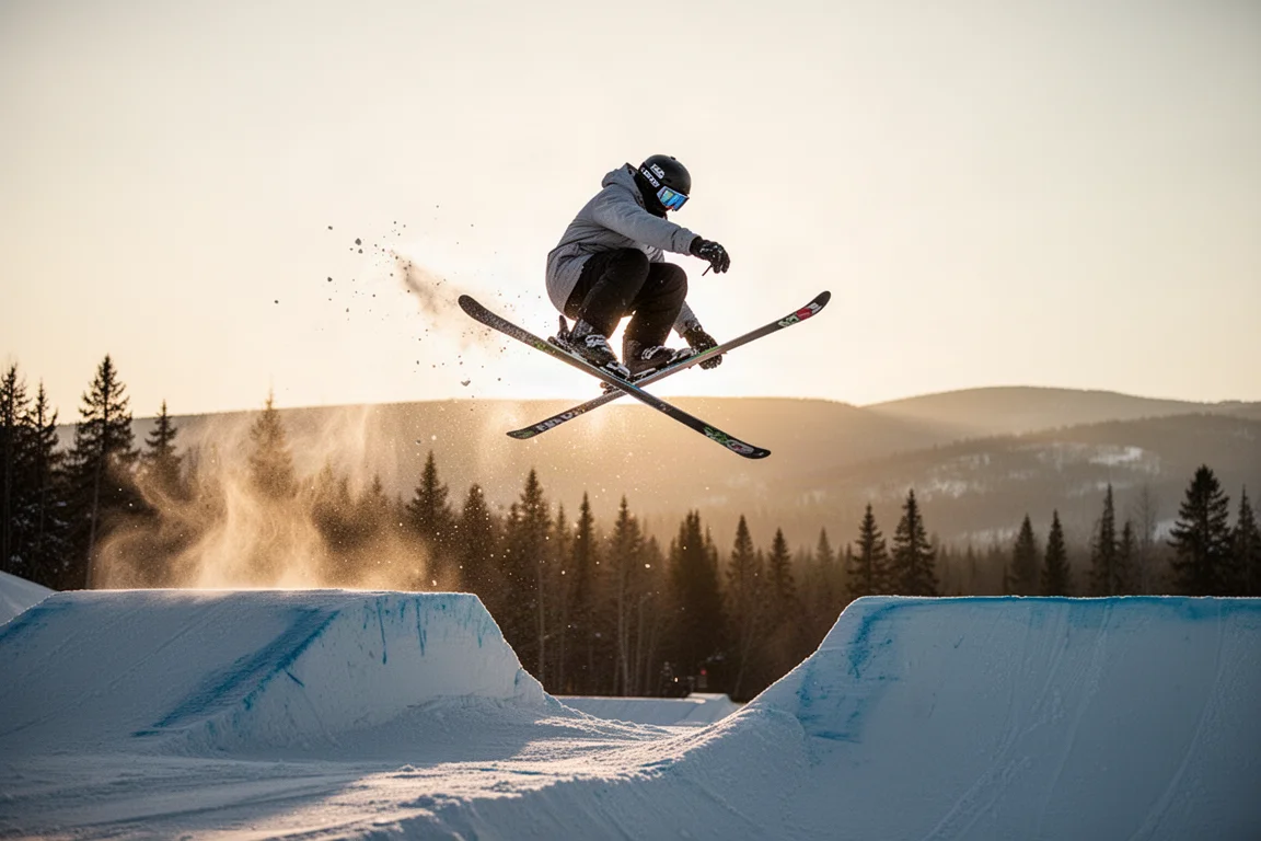 Freestyleåkare i luften över ett hopp i en snowpark med mjukt dagsljus bakom