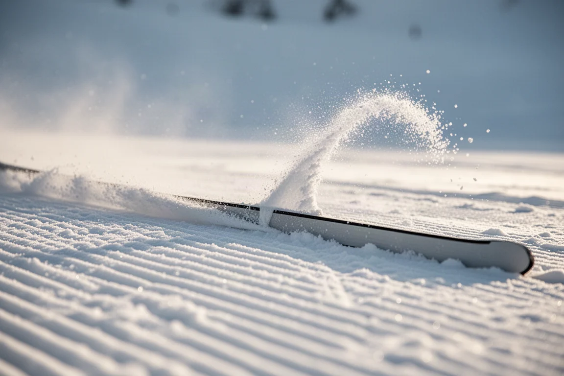 Närbild på twin-tip-skidans profil som visar camber under foten och rocker i spetsen