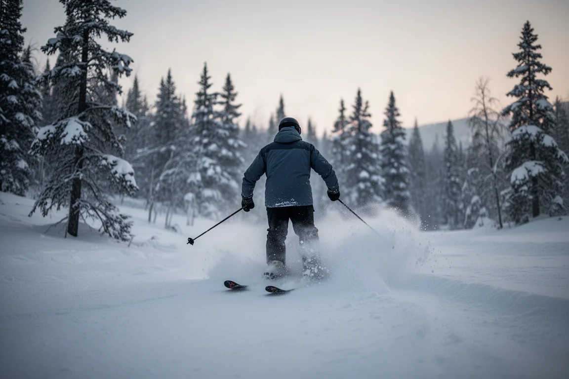 Åkare som carvar snabbt över pösig, preparerad snö med snöyr bakom