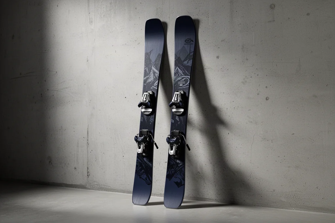 Par med freestyle-twin-tip-alpinskidor stående upprätt på en matt betongyta