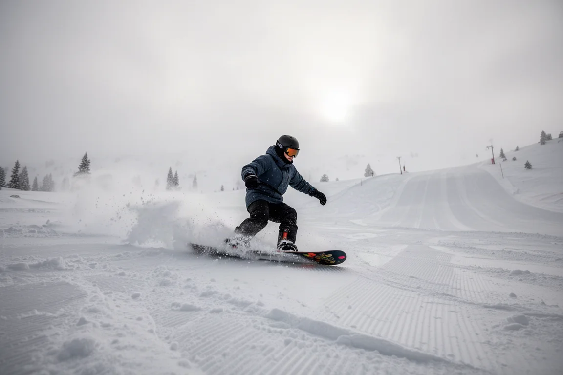 Snowboarder carving through mixed crusty snow under overcast skies