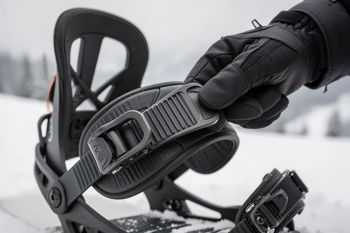 Close-up of a snowboard binding ratchet strap being released with one hand