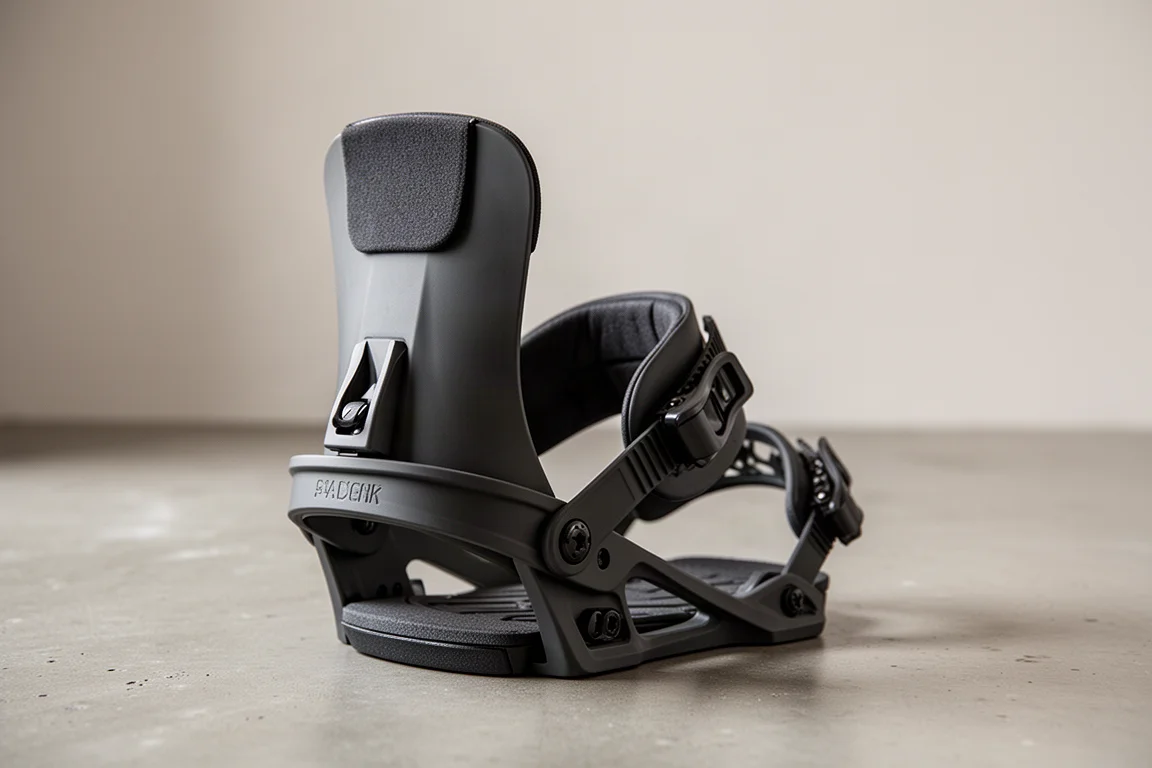 Rigid minimal highback of a snowboard binding photographed at an angle