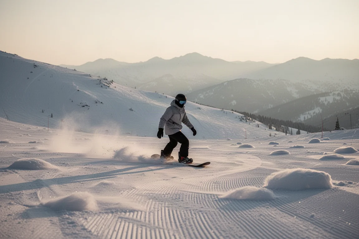 Snowboarder riding a mellow line down a wide freeride slope at dusk