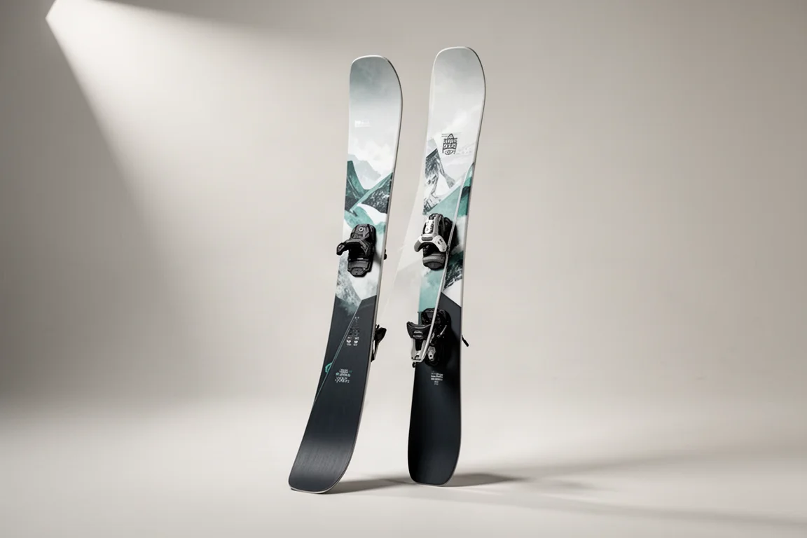 Women's freeride twin-tip skis standing upright on a pale grey studio backdrop