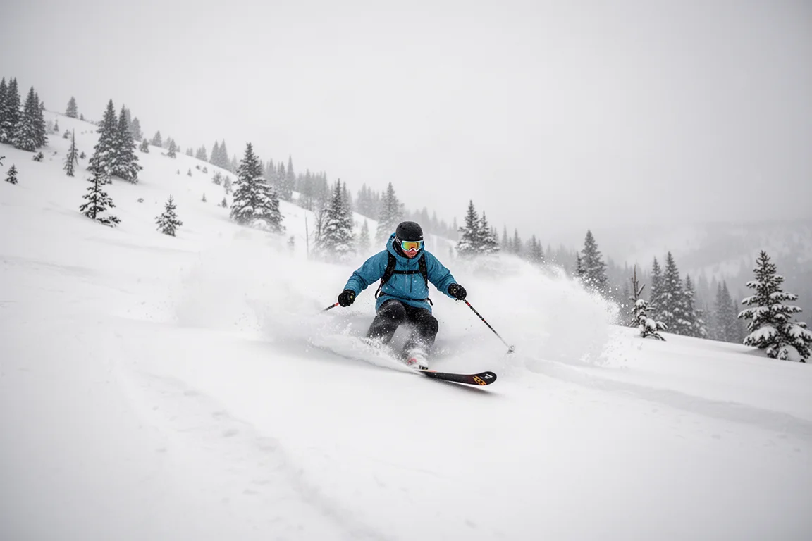 Esquiador derrapando sobre nieve polvo con un esquí de freeride ancho en nieve blanda