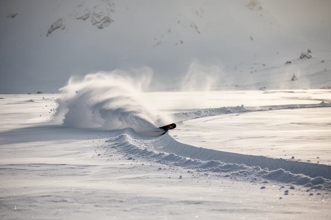 Esquí sobre la nieve con una postura surfera estilo snowboard trazando primeras huellas