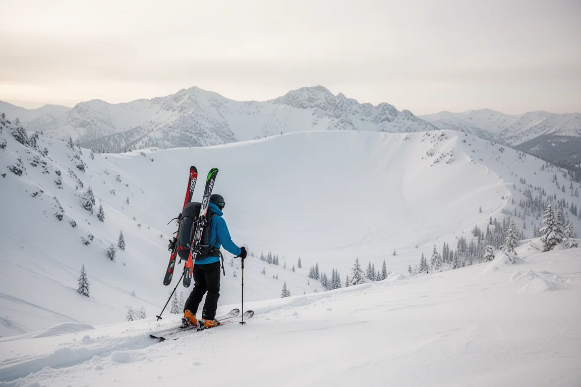 Esquiador caminando hacia una línea de backcountry sobre un bowl nevado