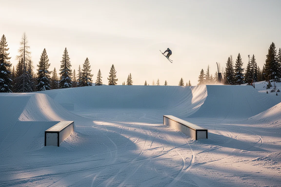 Snow-covered terrain park at golden hour with jumps and a rail feature