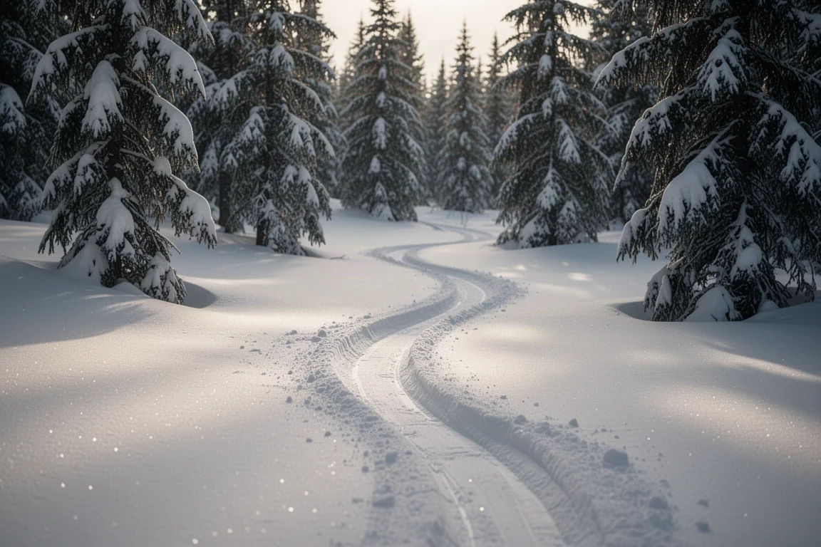 Untracked powder snow in a gladed run with ski tracks between conifers