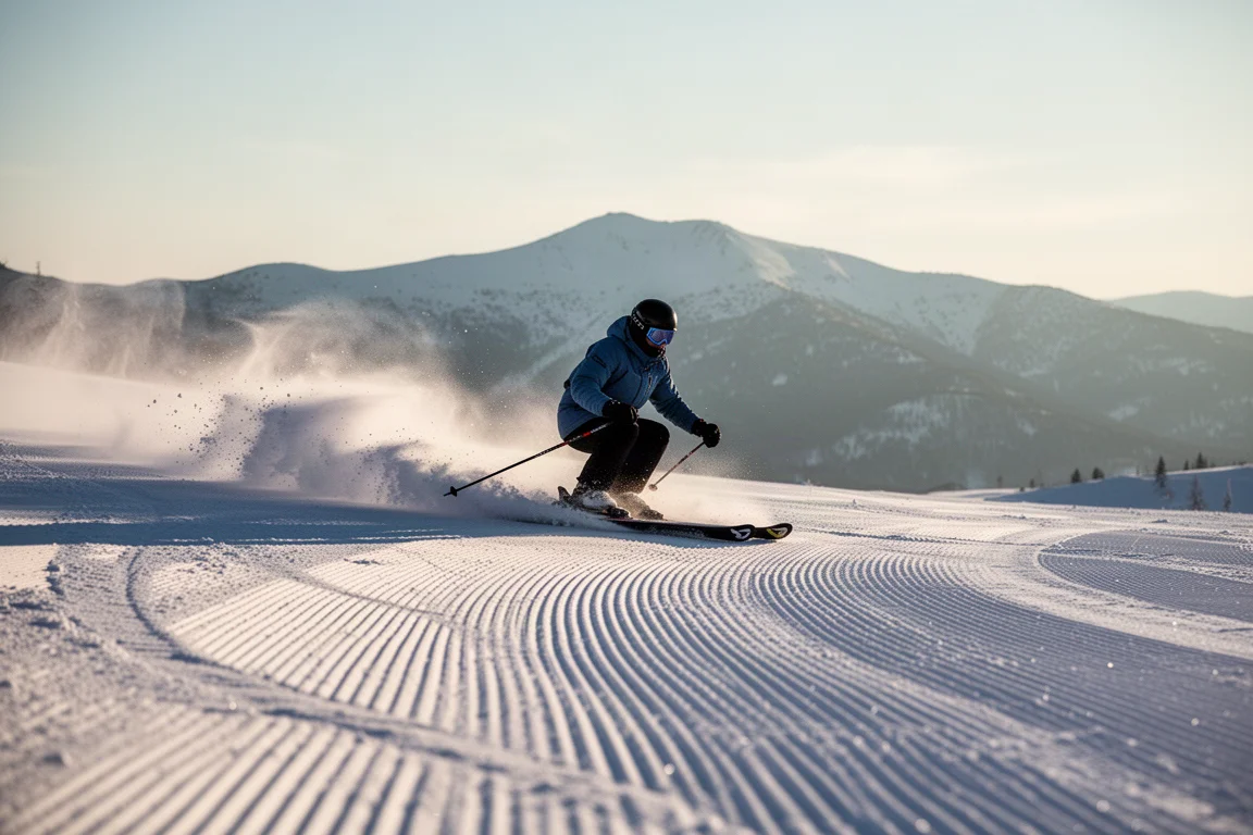 Skier carving a high edge angle turn on a groomed run with snow spray