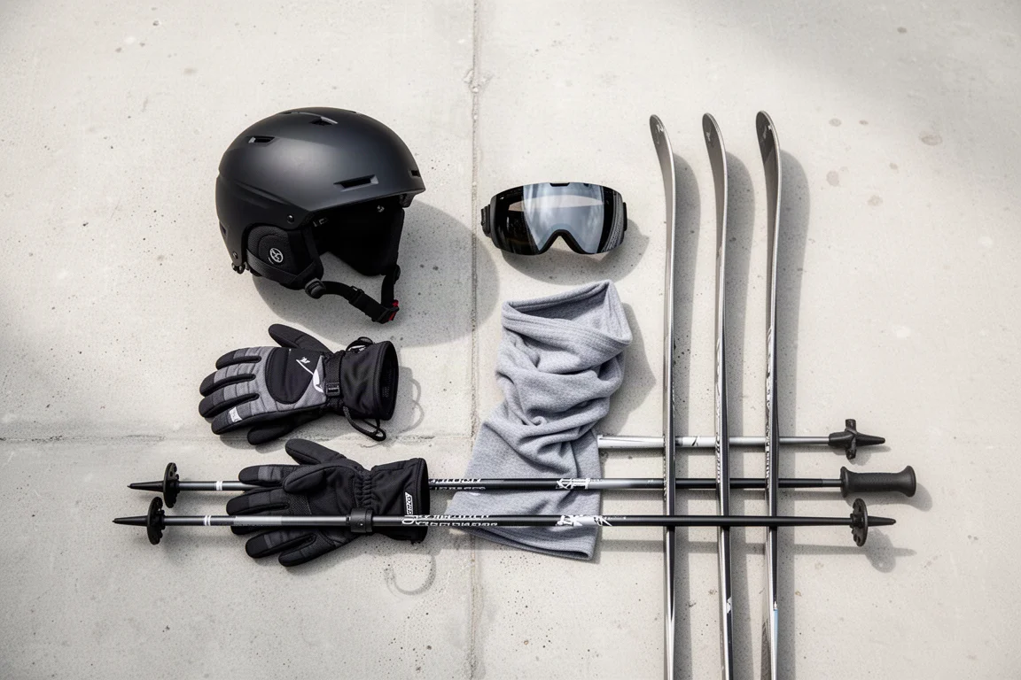 Overhead flat lay of freeride ski gear on a concrete surface