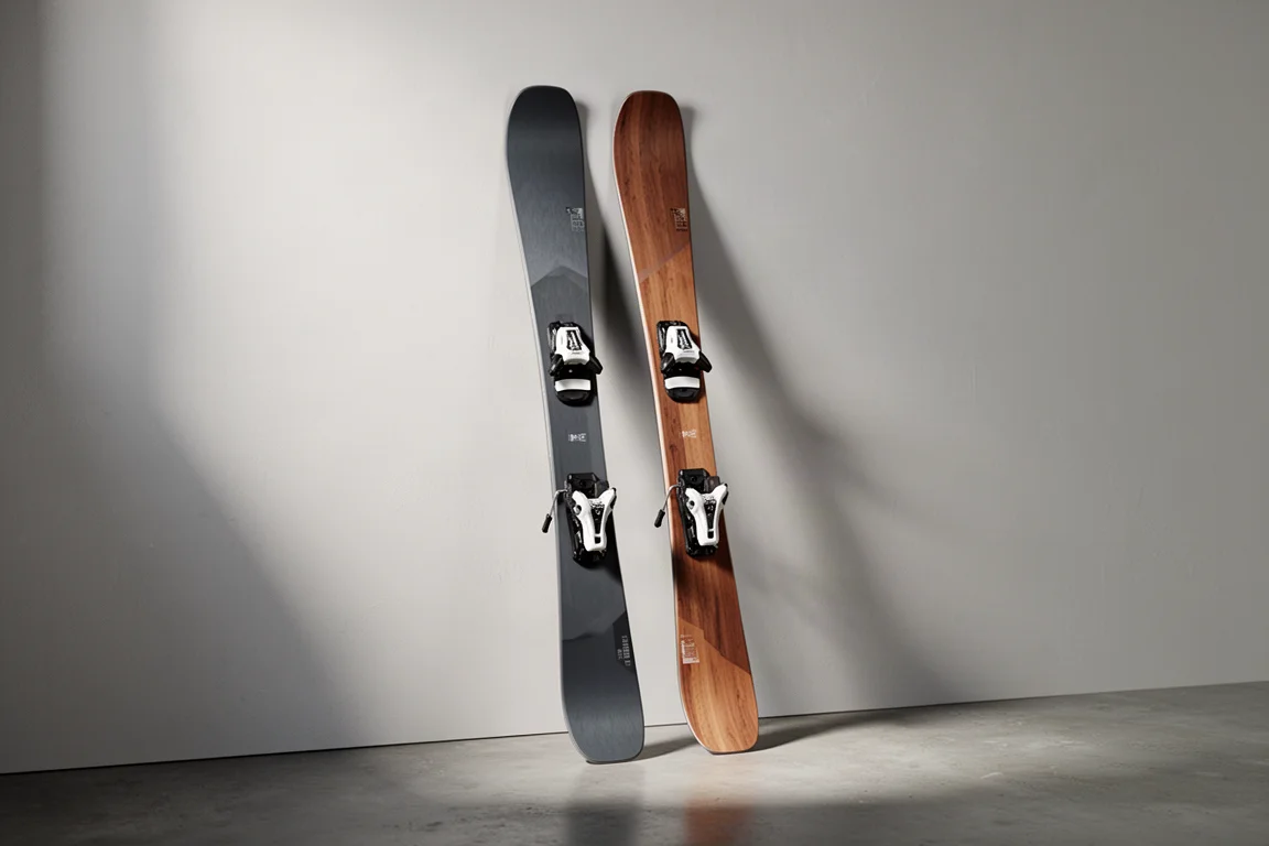 Pair of freeride twin tip skis leaning against a pale grey studio wall