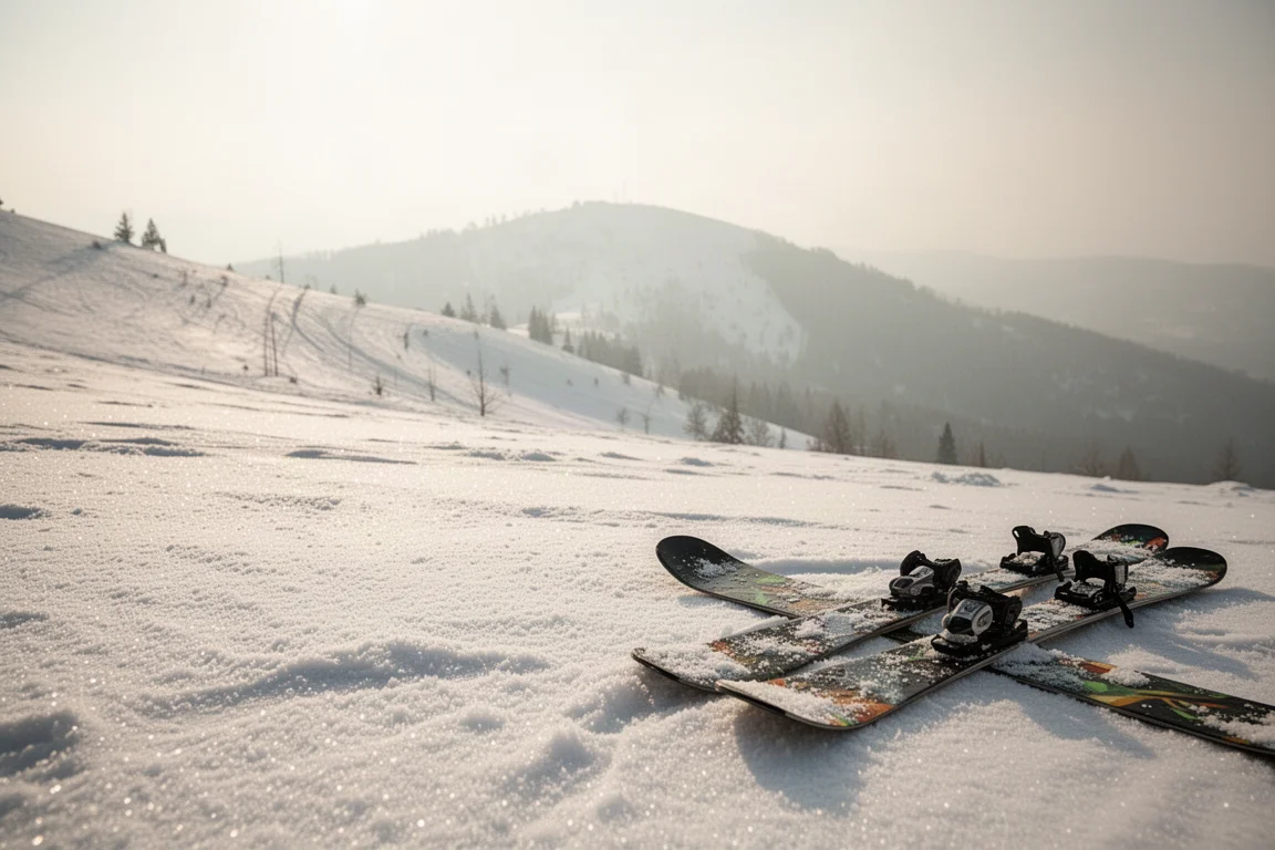 Sci freeride larghi appoggiati su neve granulare primaverile su una pista illuminata dal sole