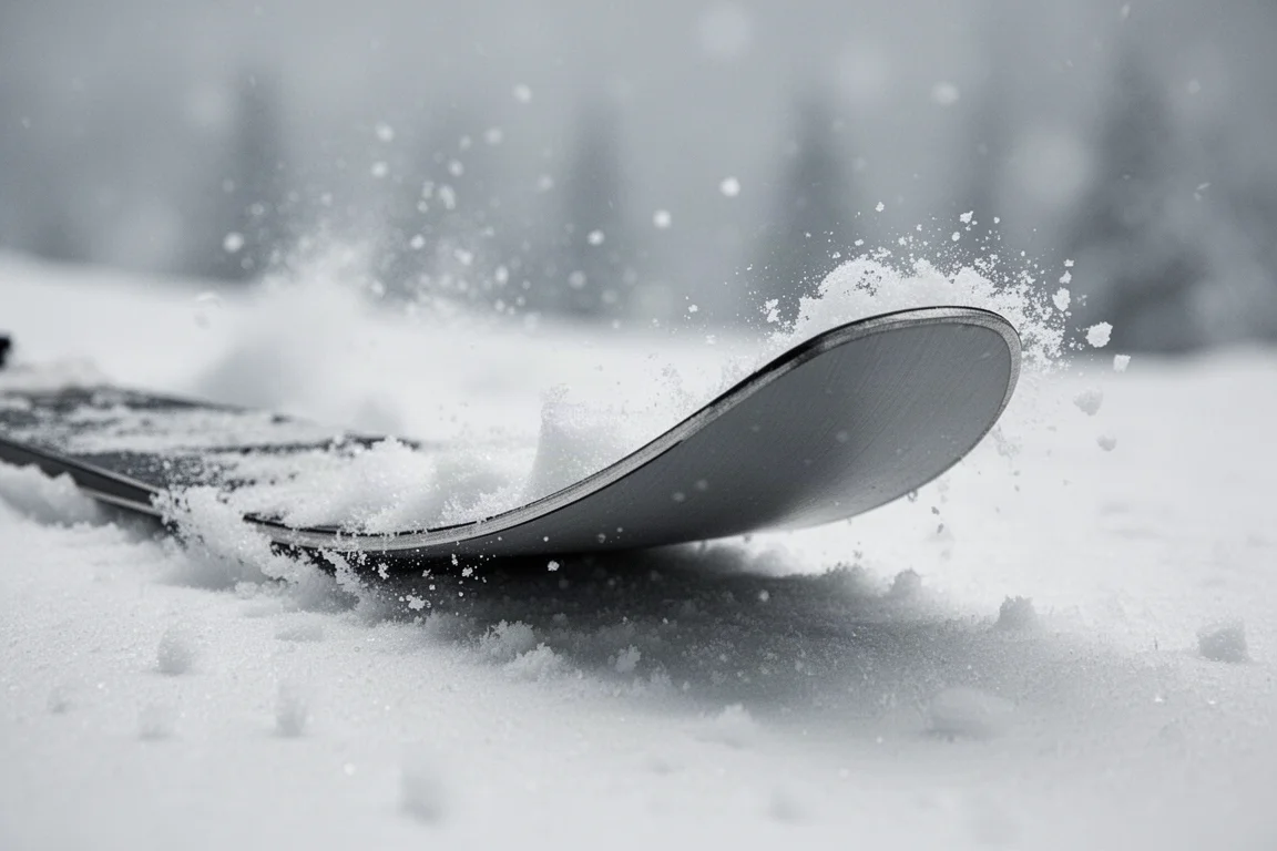 Primo piano di una punta a rocker che preme nella neve fresca con spruzzi