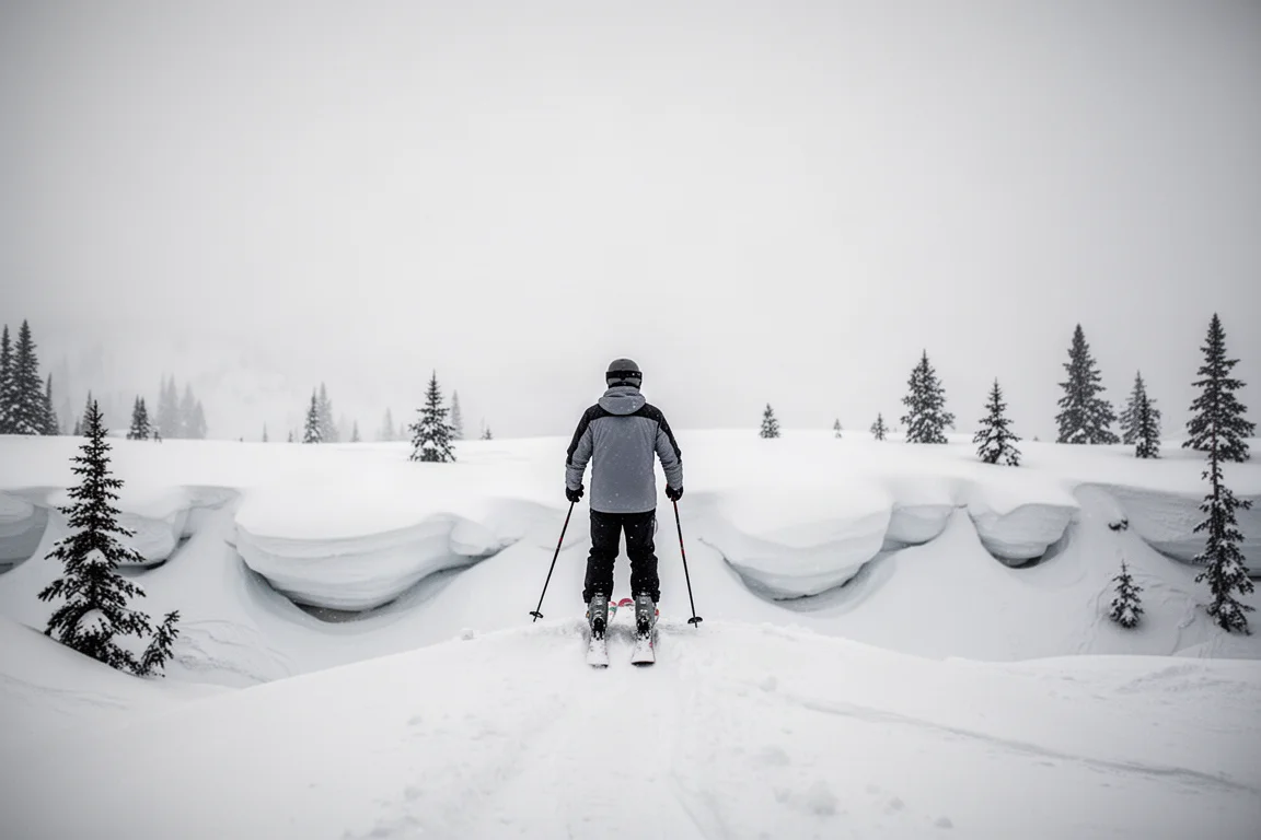 Sciatore in piedi sopra il limite della neve fresca con elementi naturali del terreno