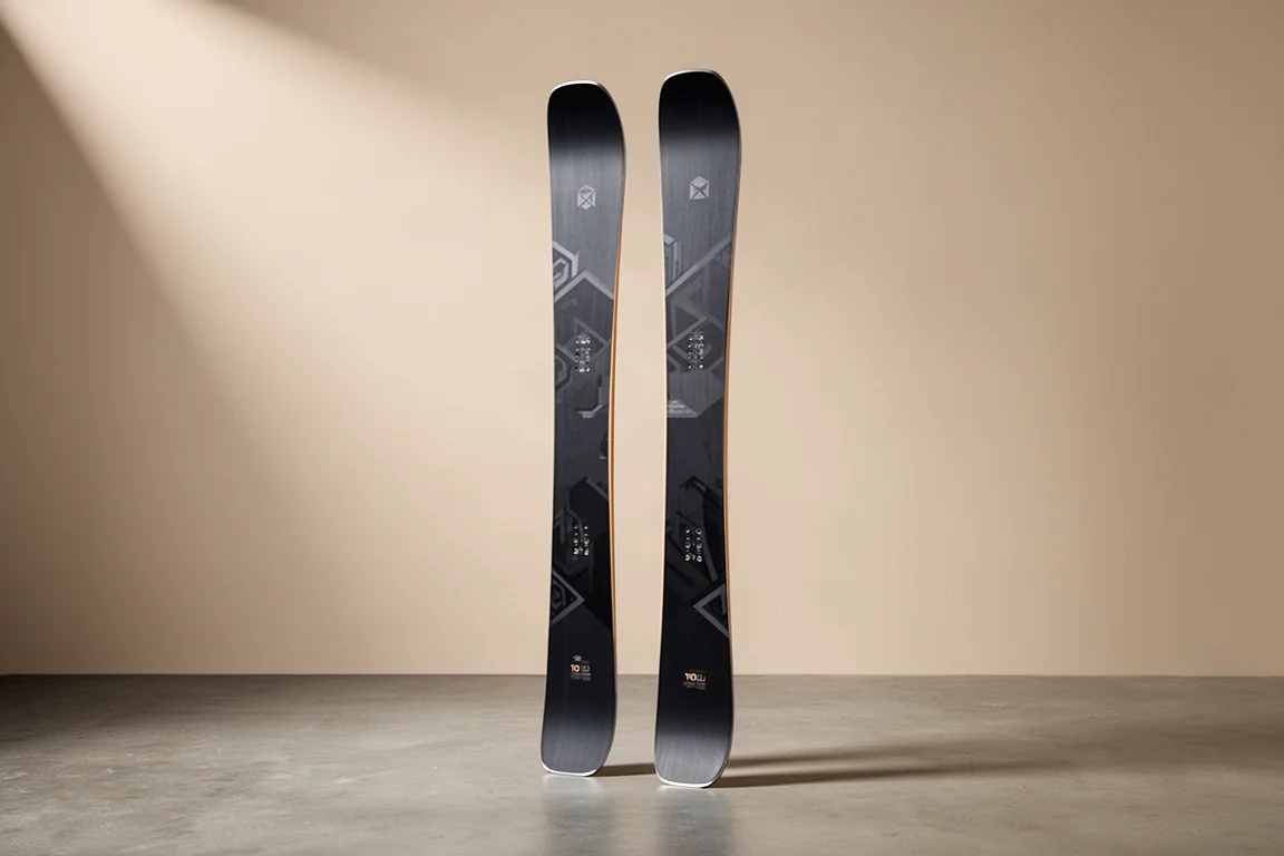 Pair of wide freeride skis with 110 mm waist standing on a concrete floor