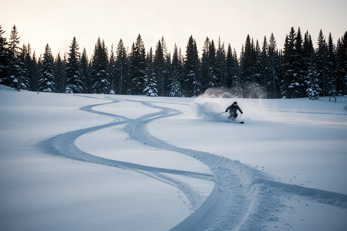 Sciatore che sbanda in neve fresca profonda su un tracciato tra gli alberi in leggera pendenza